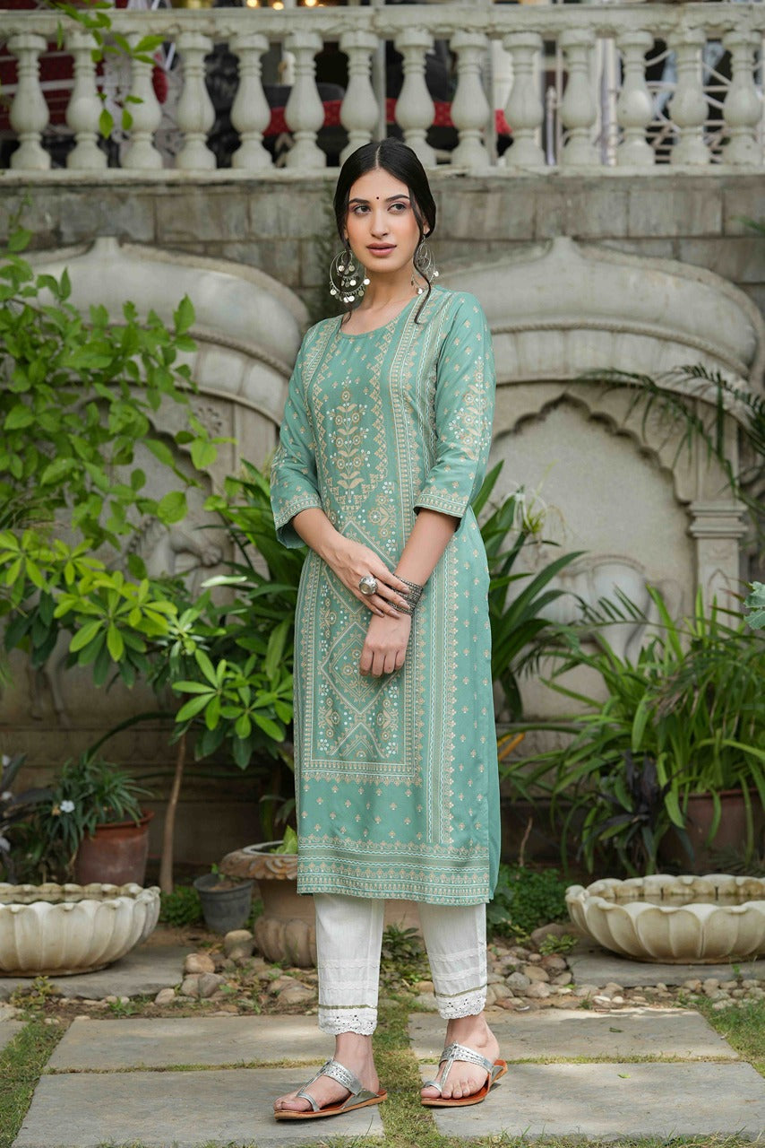 Juniper Women's Sage Green Rayon Staple Straight Placement Print Kurta | Grocsy