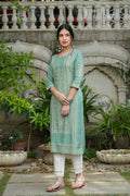 Juniper Women's Sage Green Rayon Staple Straight Placement Print Kurta | Grocsy