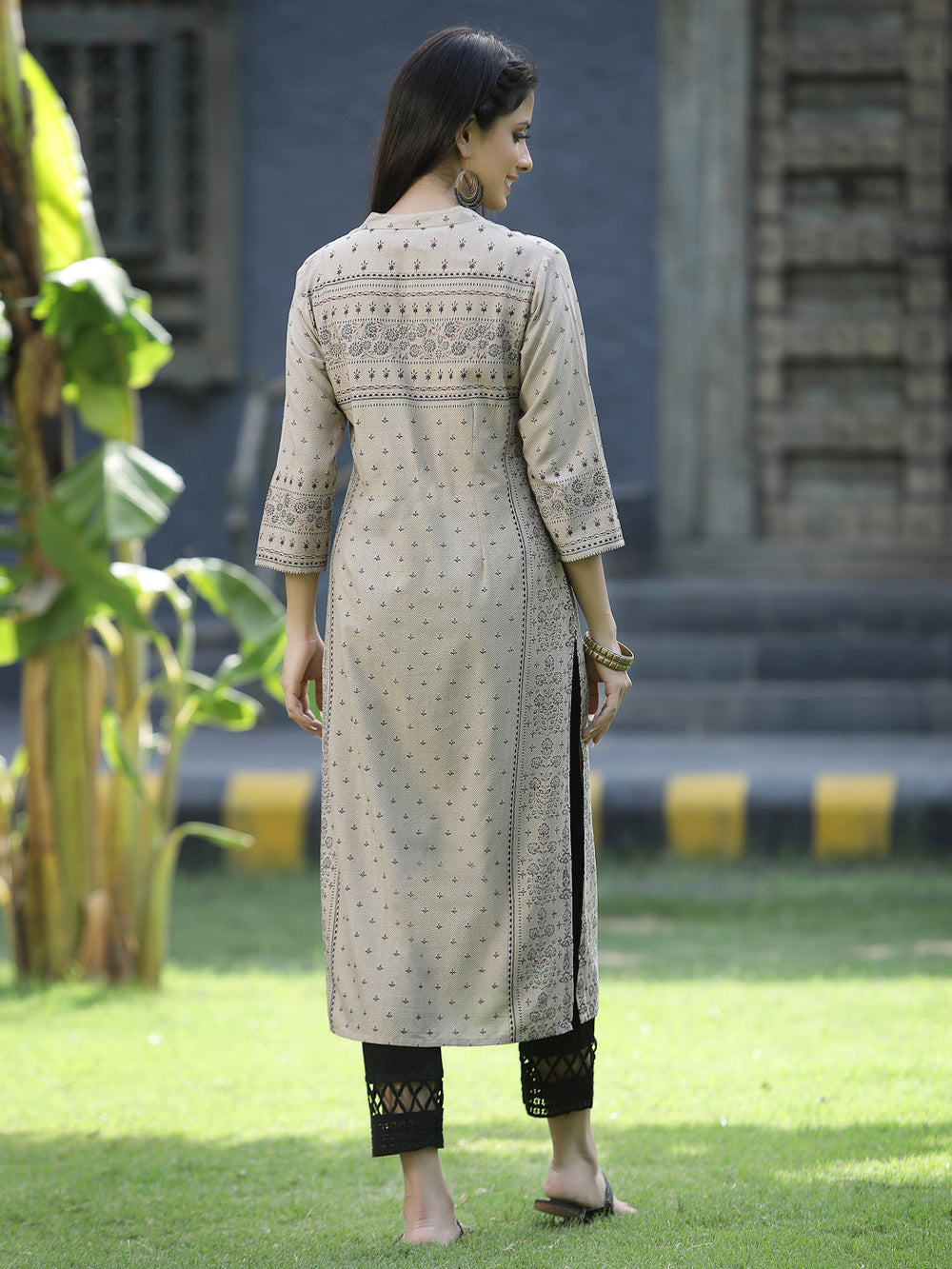 Juniper Beige Rayon Festive Placement Print Straight Kurta For Women | Grocsy