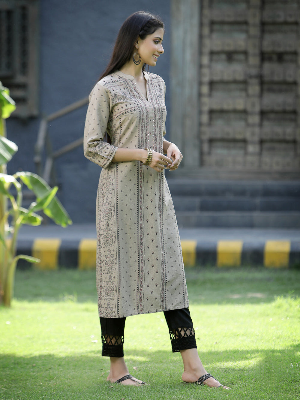 Juniper Beige Rayon Festive Placement Print Straight Kurta For Women | Grocsy