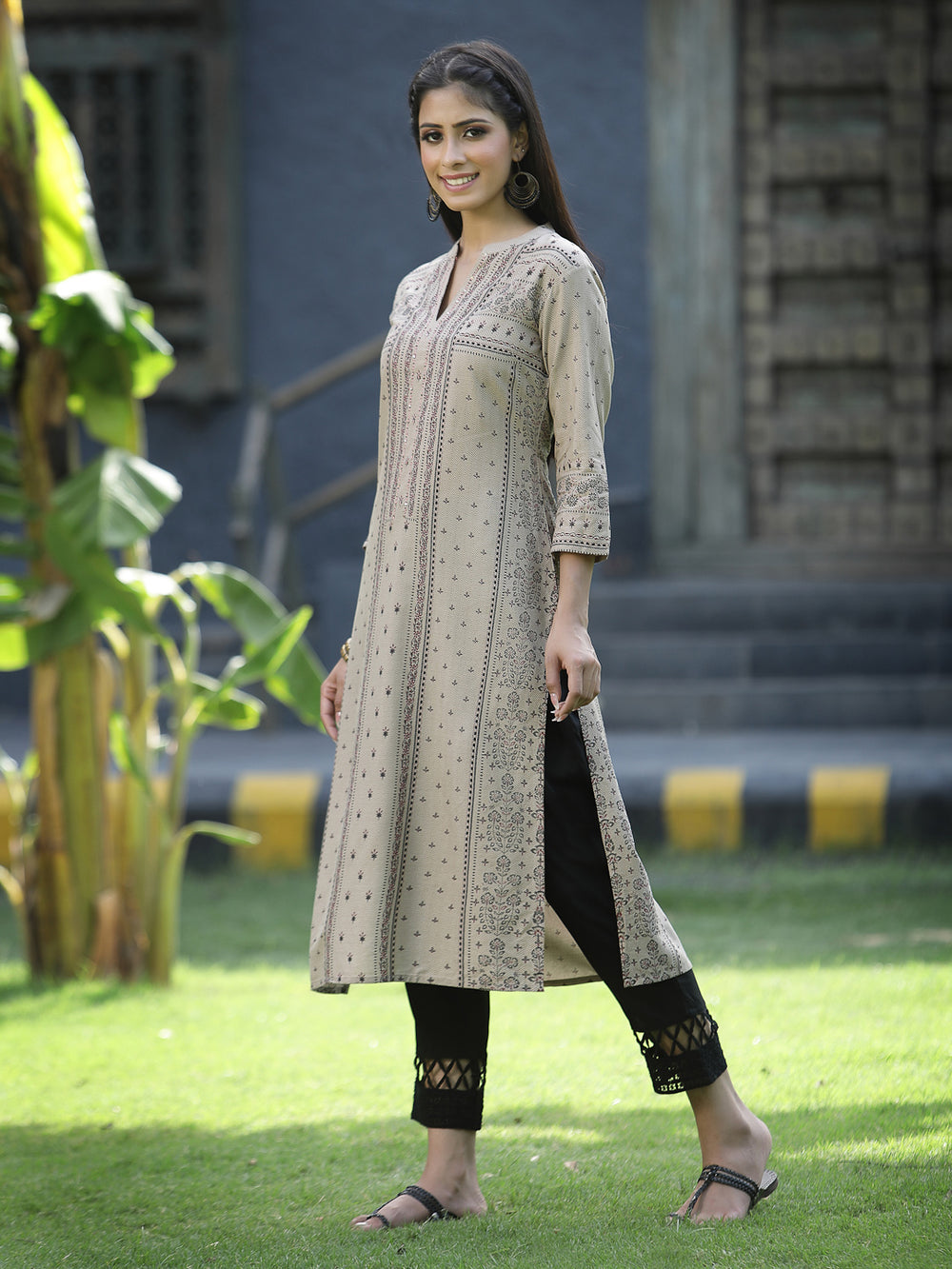 Juniper Beige Rayon Festive Placement Print Straight Kurta For Women | Grocsy