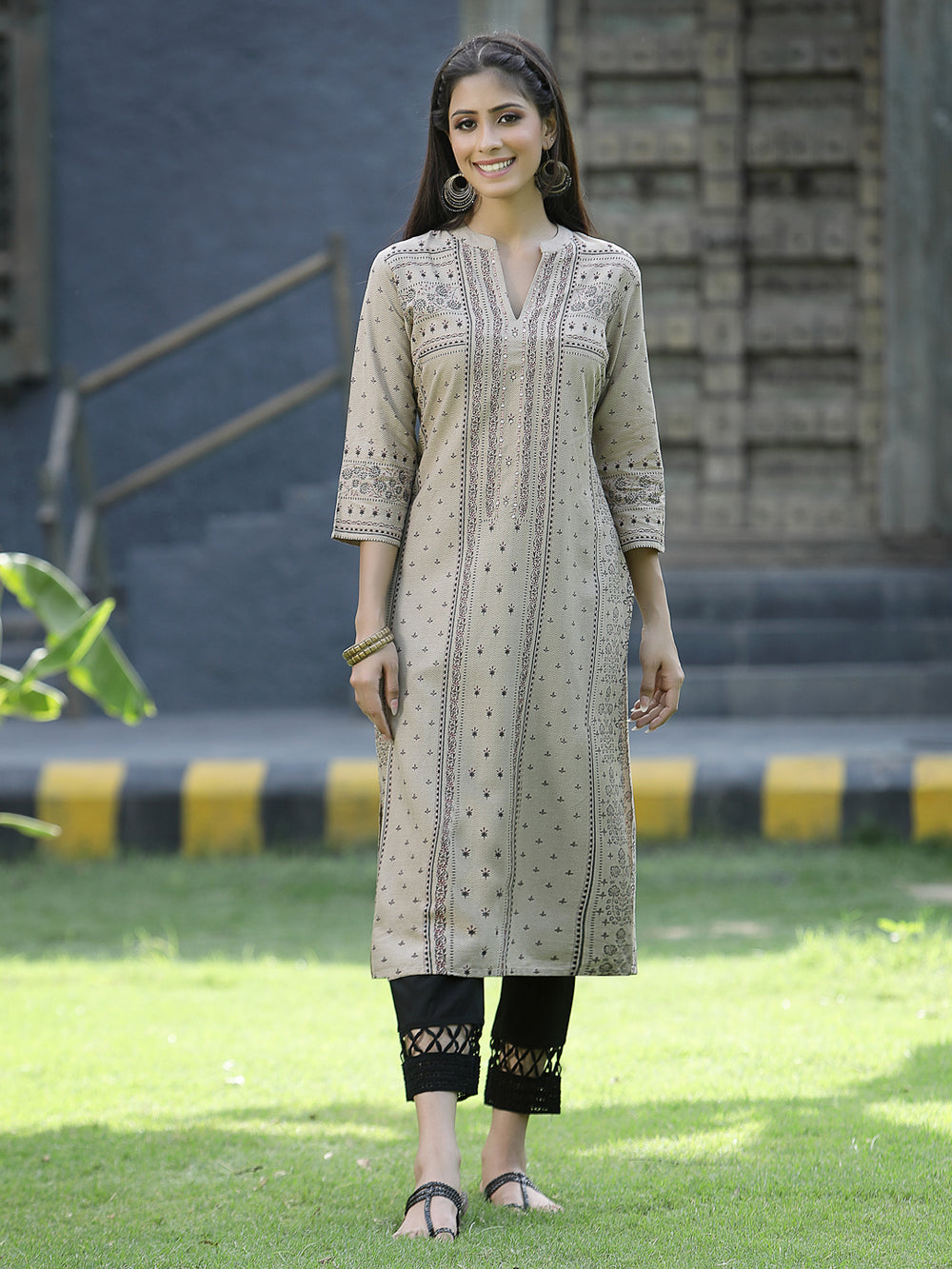 Juniper Beige Rayon Festive Placement Print Straight Kurta For Women | Grocsy