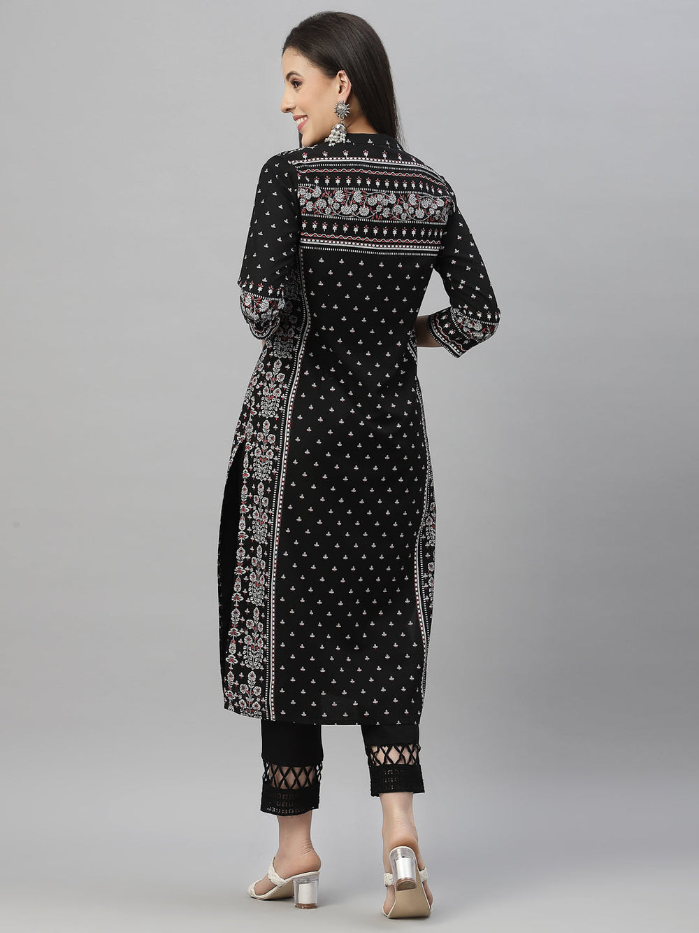 Juniper Black Rayon Festive Placement Print Straight Kurta For Women | Grocsy
