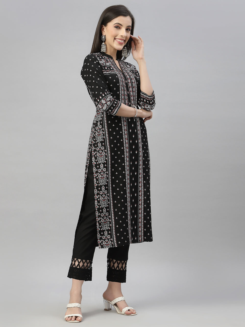 Juniper Black Rayon Festive Placement Print Straight Kurta For Women | Grocsy
