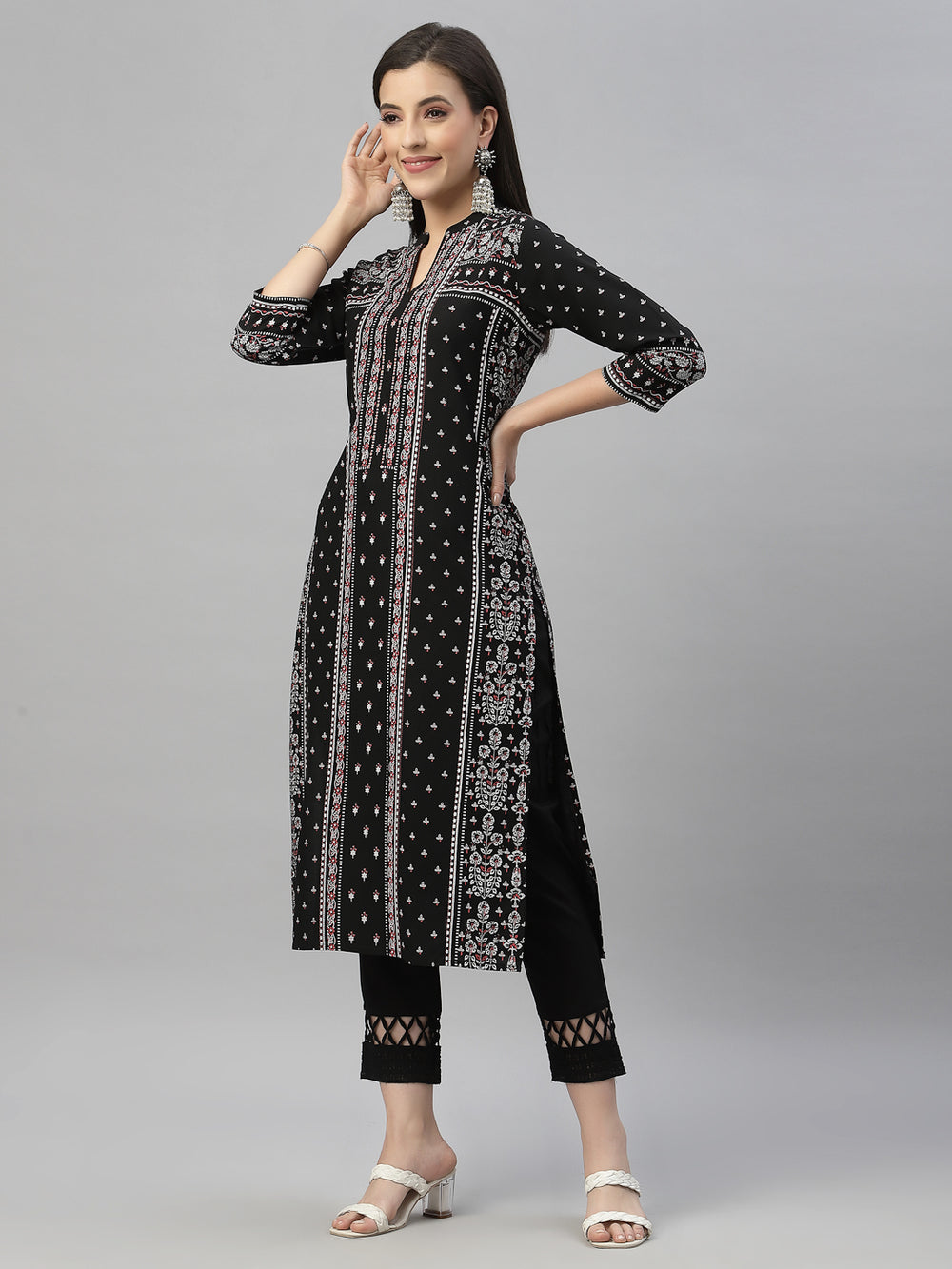 Juniper Black Rayon Festive Placement Print Straight Kurta For Women | Grocsy