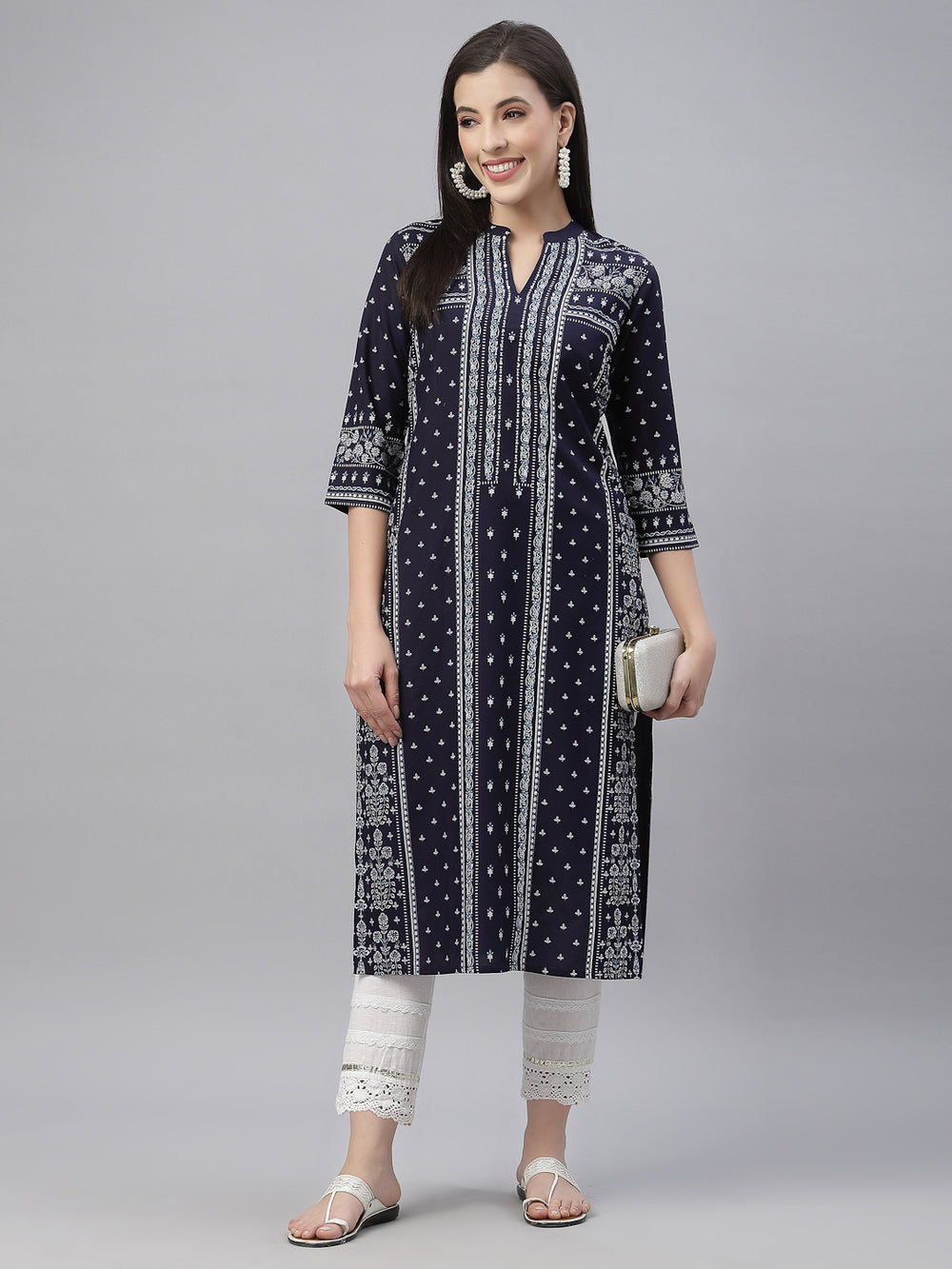 Juniper Indigo Rayon Festive Placement Print Straight Kurta For Women | Grocsy
