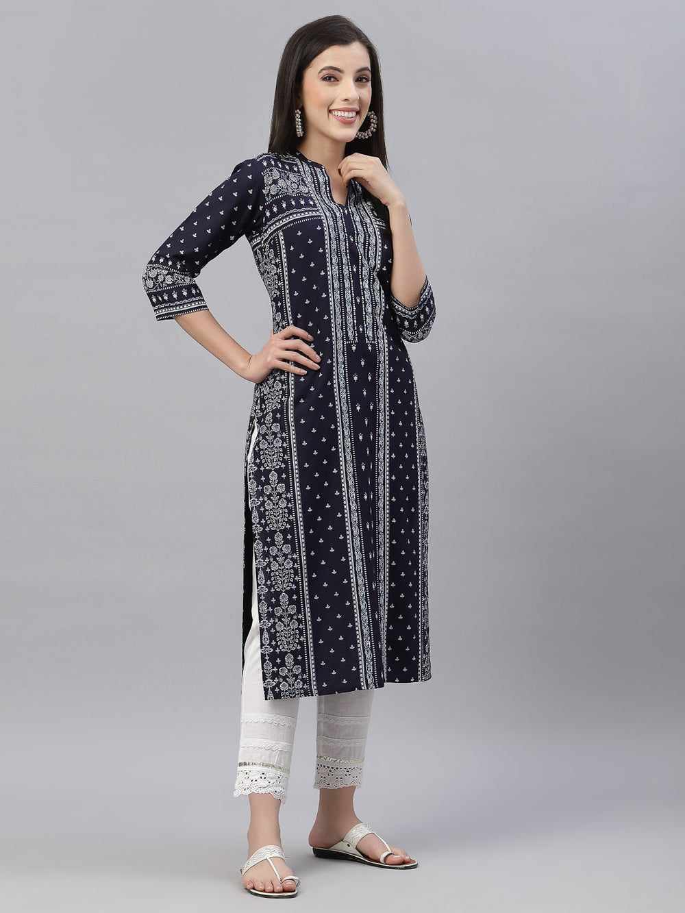 Juniper Indigo Rayon Festive Placement Print Straight Kurta For Women | Grocsy