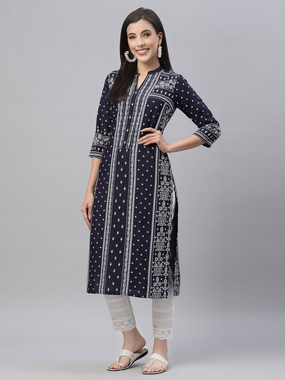 Juniper Indigo Rayon Festive Placement Print Straight Kurta For Women | Grocsy