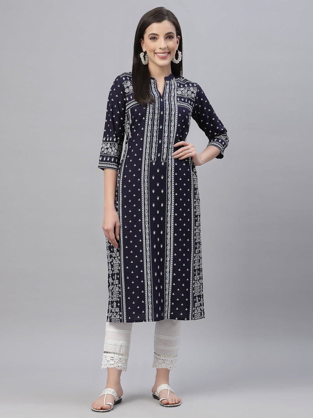 Juniper Indigo Rayon Festive Placement Print Straight Kurta For Women | Grocsy