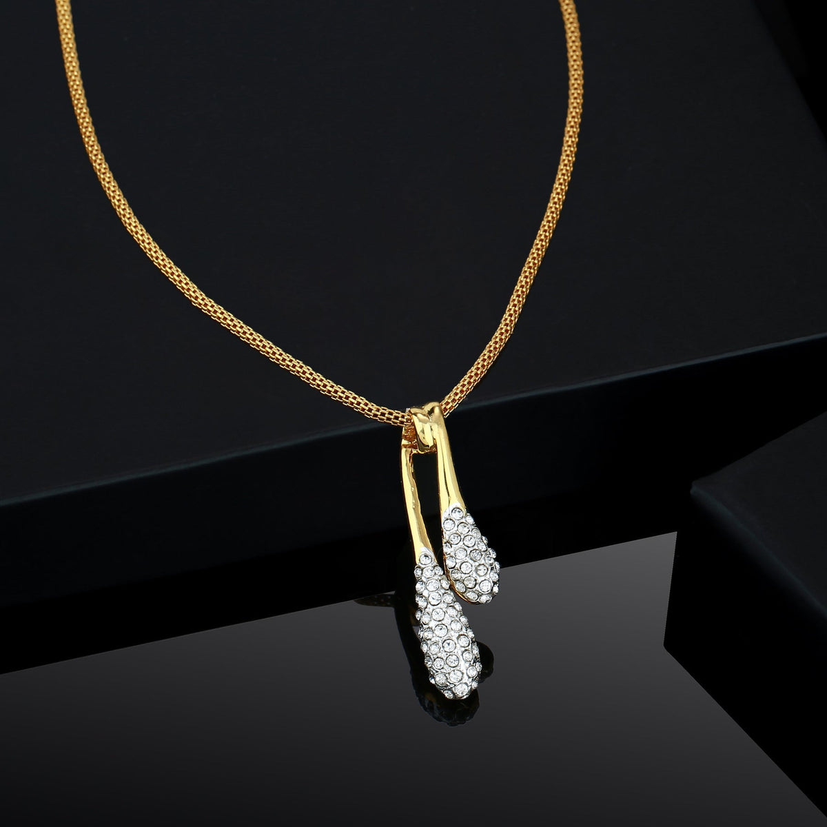 Estele Gold-Polished White Crystals Adorned Twin Droplet Designer Pendant Necklace with Chain for Women/Girls | Grocsy
