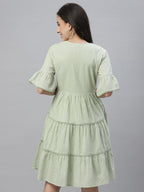 Juniper Green Cotton Dobby Festive Embroidered Tiered Dress For Women | Grocsy