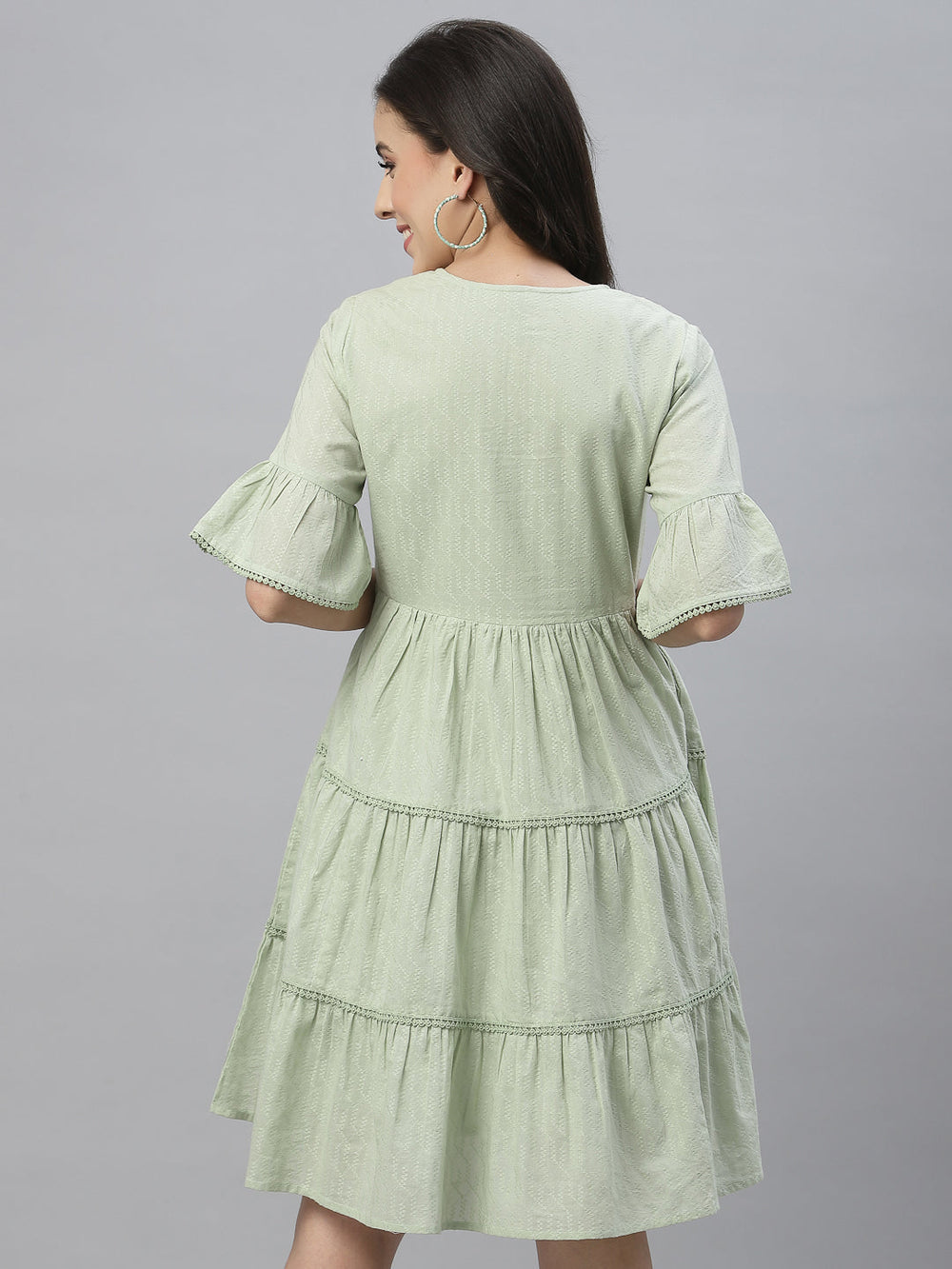 Juniper Green Cotton Dobby Festive Embroidered Tiered Dress For Women | Grocsy