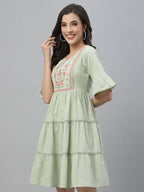 Juniper Green Cotton Dobby Festive Embroidered Tiered Dress For Women | Grocsy