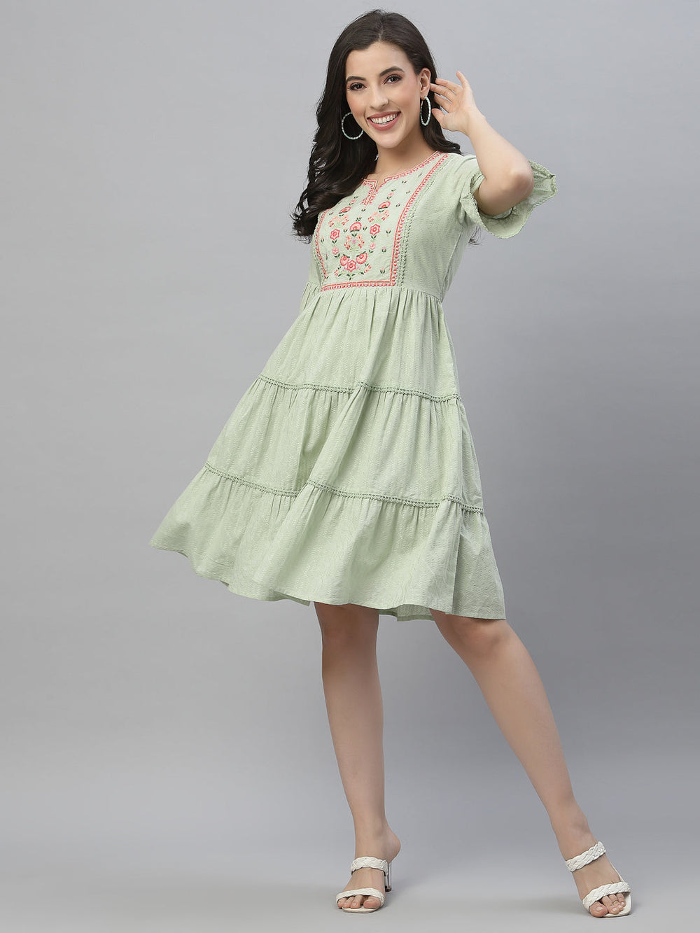Juniper Green Cotton Dobby Festive Embroidered Tiered Dress For Women | Grocsy