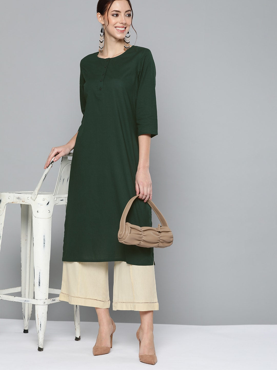 HERE&NOW Women Green Pure Cotton Solid Kurta | Grocsy