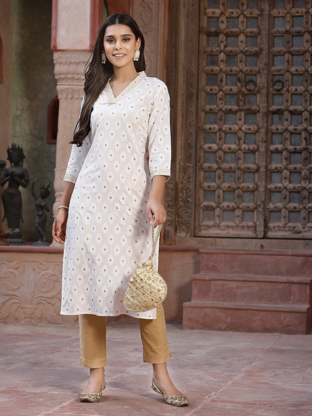 Juniper Women's Off - White Rayon Printed Straight Kurta | Grocsy