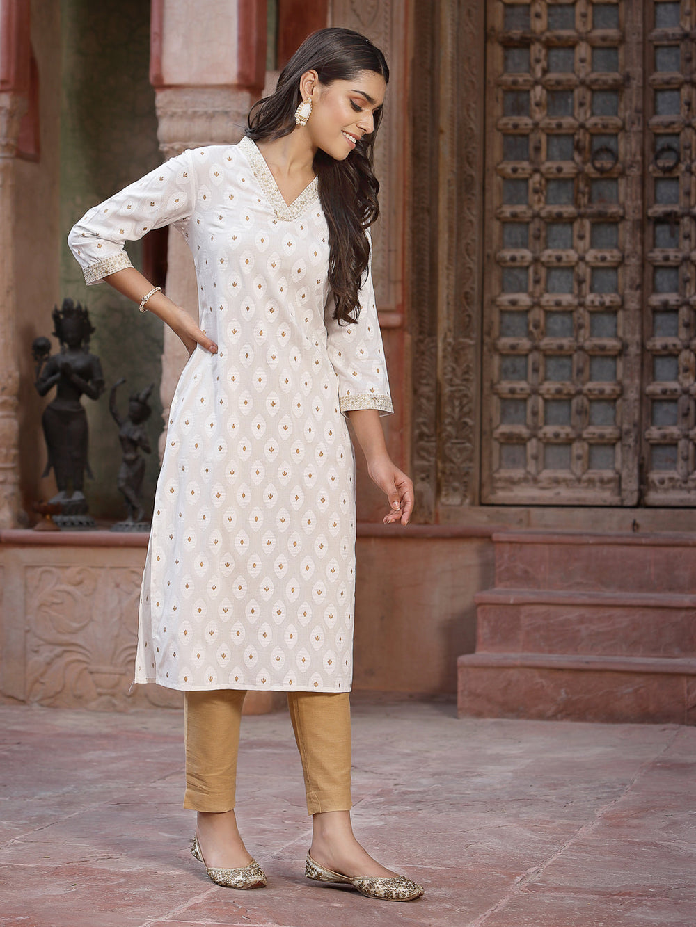 Juniper Women's Off - White Rayon Printed Straight Kurta | Grocsy