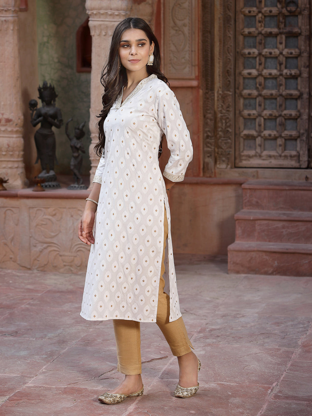 Juniper Women's Off - White Rayon Printed Straight Kurta | Grocsy