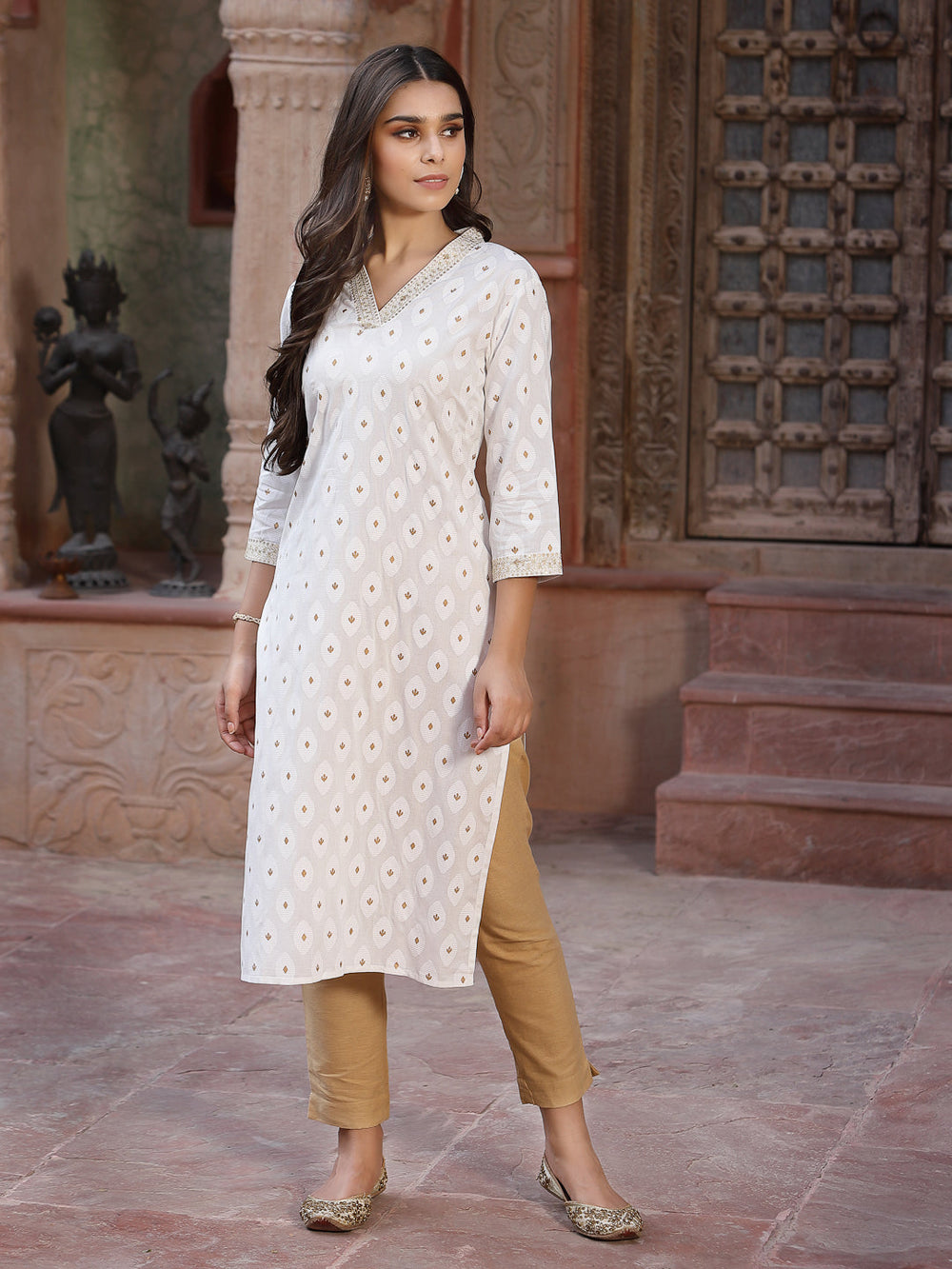 Juniper Women's Off - White Rayon Printed Straight Kurta | Grocsy