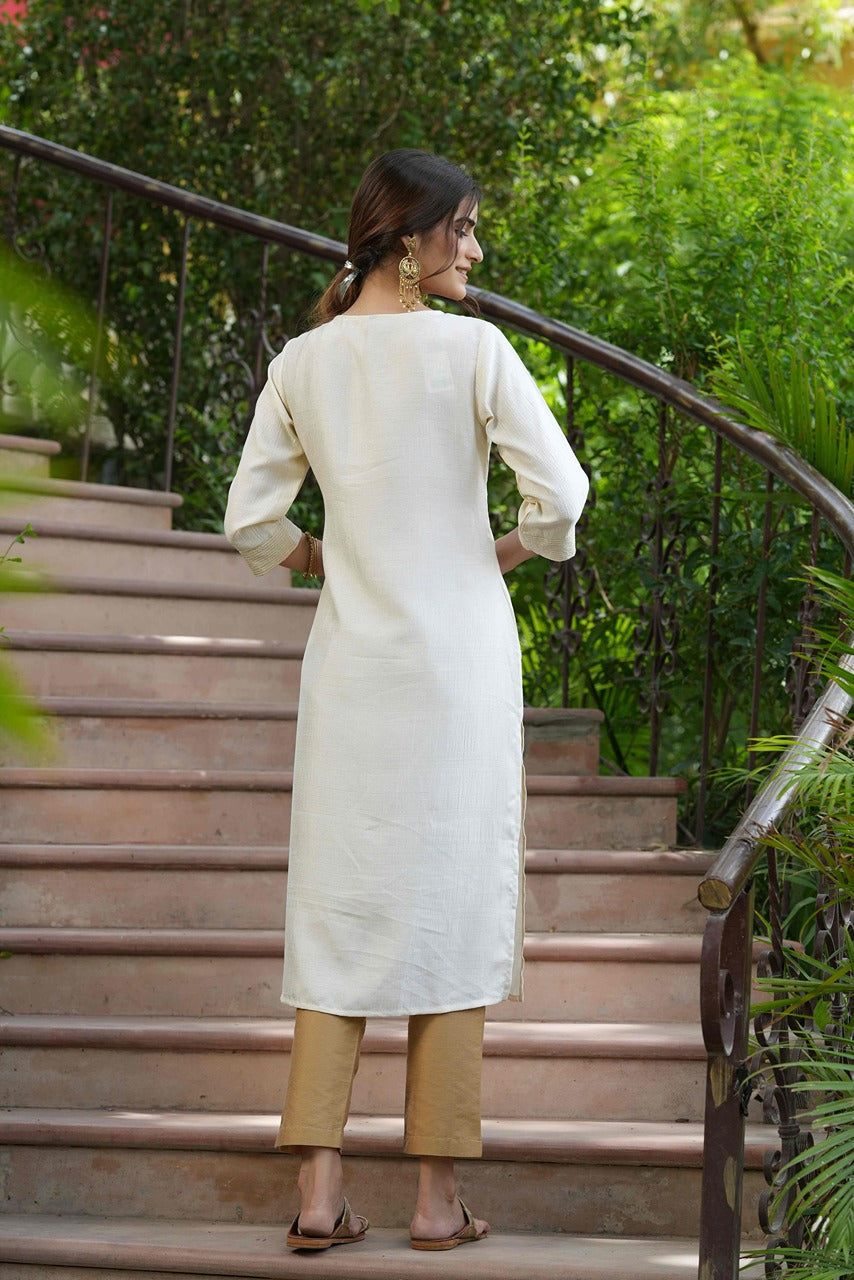 Juniper Cream Silk Festive Embroidered Straight Kurta For Women | Grocsy