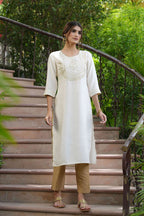 Juniper Cream Silk Festive Embroidered Straight Kurta For Women | Grocsy