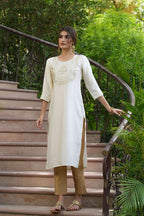 Juniper Cream Silk Festive Embroidered Straight Kurta For Women | Grocsy