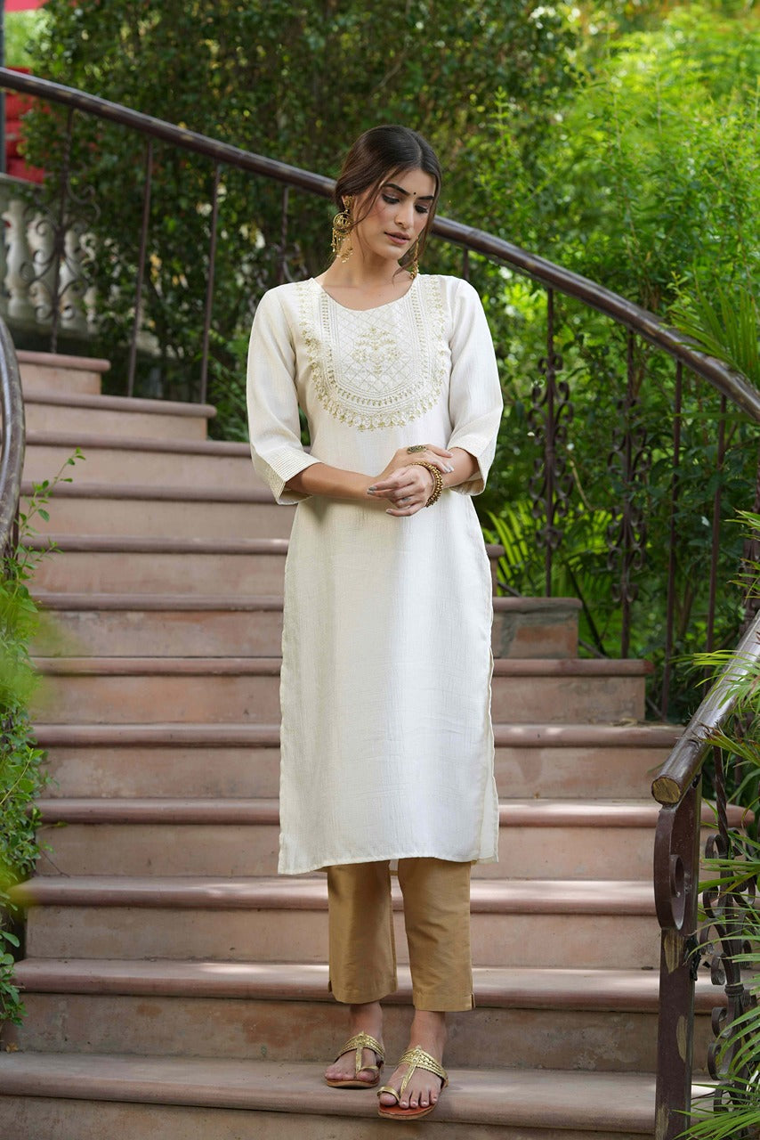 Juniper Cream Silk Festive Embroidered Straight Kurta For Women | Grocsy