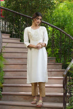 Juniper Cream Silk Festive Embroidered Straight Kurta For Women | Grocsy