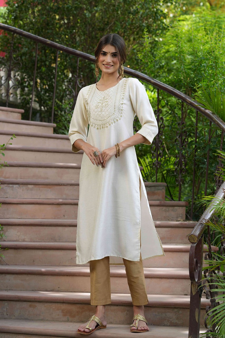 Juniper Cream Silk Festive Embroidered Straight Kurta For Women | Grocsy