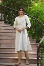 Juniper Cream Silk Festive Embroidered Straight Kurta For Women | Grocsy