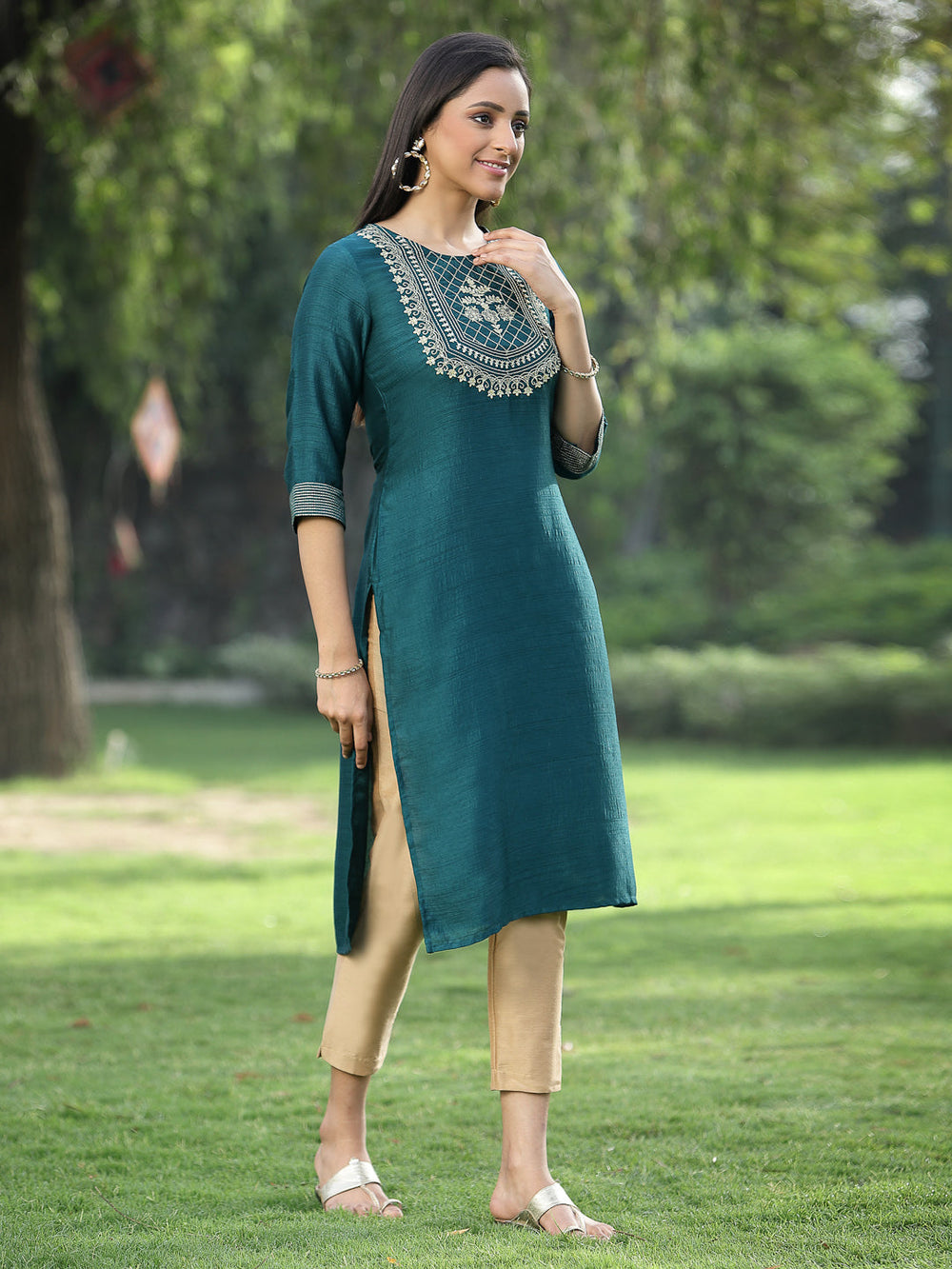 Juniper Green Silk Festive Embroidered Straight Kurta For Women | Grocsy