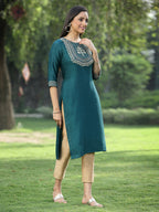 Juniper Green Silk Festive Embroidered Straight Kurta For Women | Grocsy