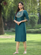 Juniper Green Silk Festive Embroidered Straight Kurta For Women | Grocsy