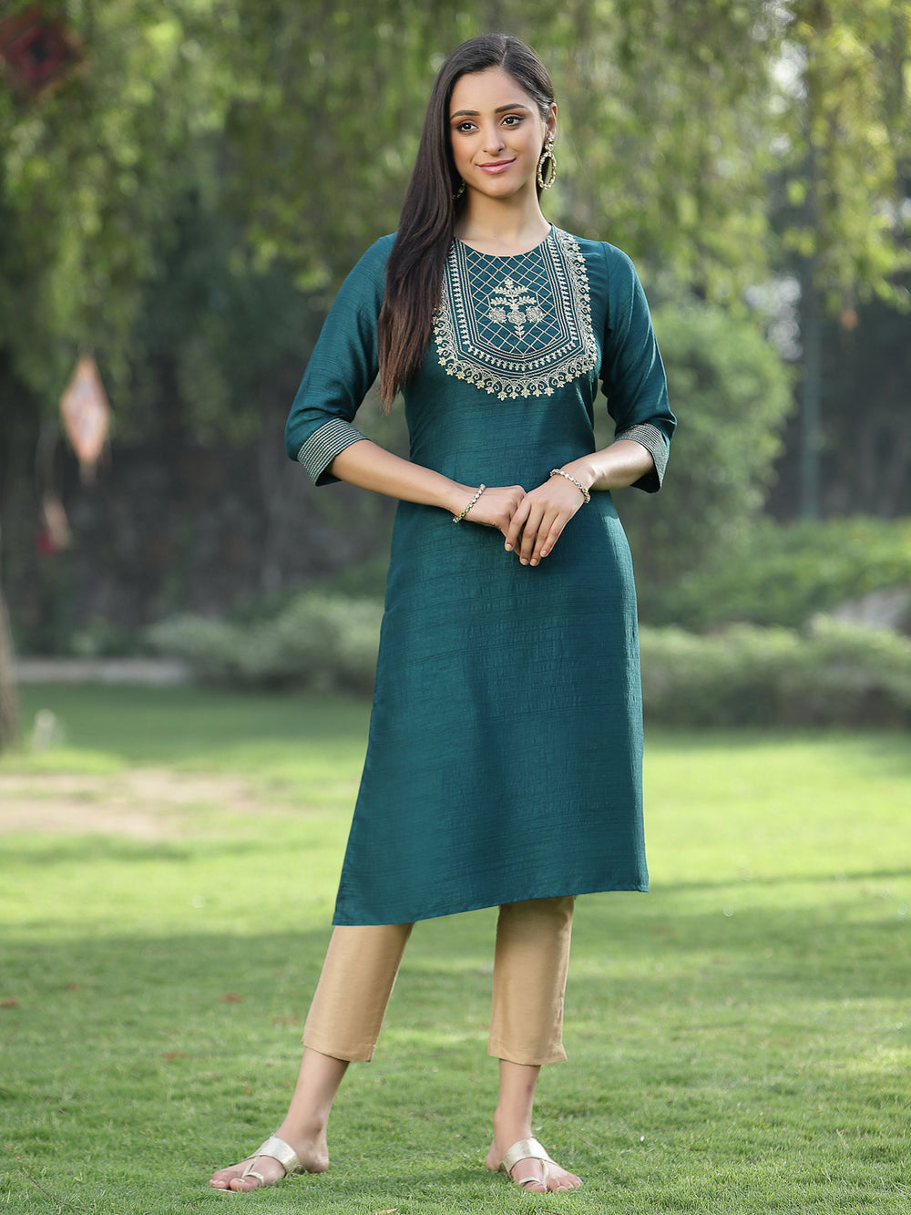 Juniper Green Silk Festive Embroidered Straight Kurta For Women | Grocsy