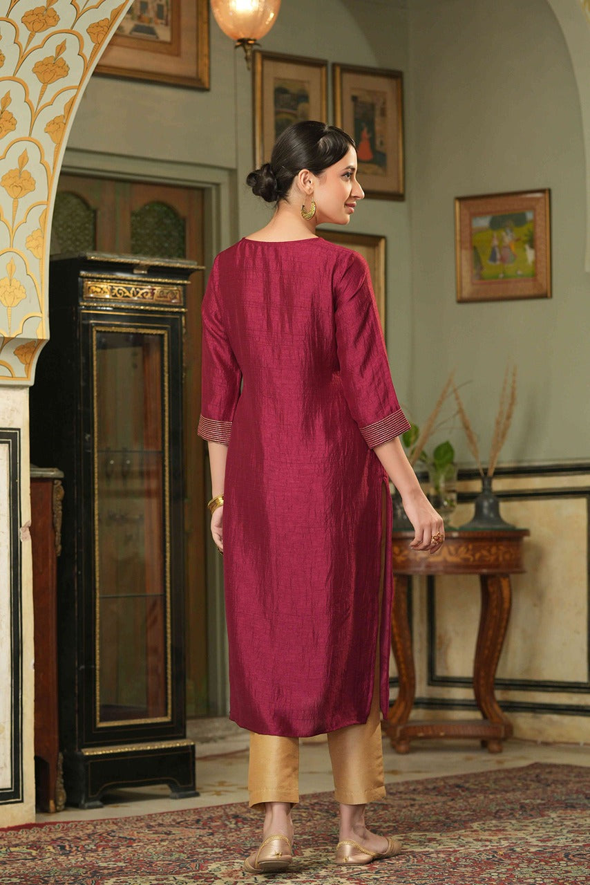 Juniper Maroon Silk Festive Embroidered Straight Kurta For Women | Grocsy