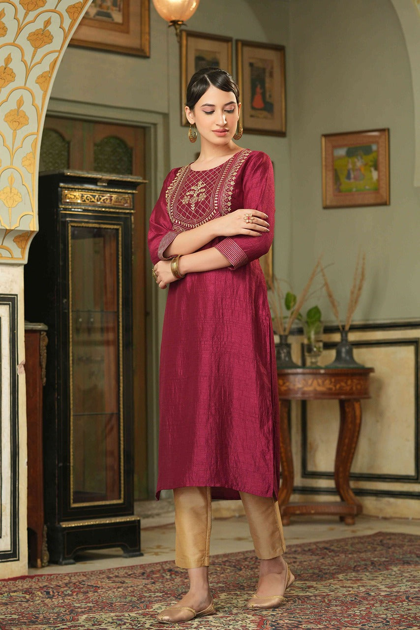 Juniper Maroon Silk Festive Embroidered Straight Kurta For Women | Grocsy