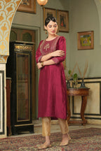 Juniper Maroon Silk Festive Embroidered Straight Kurta For Women | Grocsy