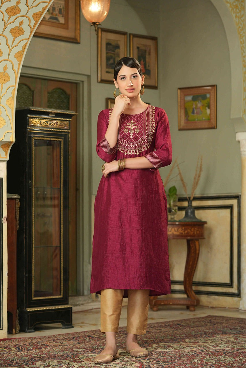 Juniper Maroon Silk Festive Embroidered Straight Kurta For Women | Grocsy