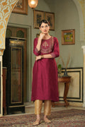 Juniper Maroon Silk Festive Embroidered Straight Kurta For Women | Grocsy