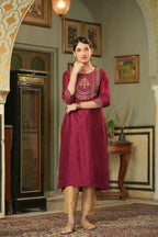 Juniper Maroon Silk Festive Embroidered Straight Kurta For Women | Grocsy