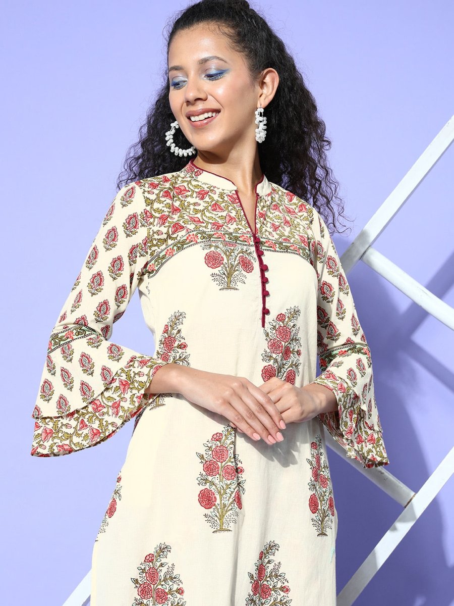 All About You Cream-Coloured Floral Printed Pure Cotton Kurta With Trousers | Grocsy