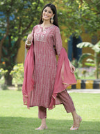 Juniper Onion Pink Muslin Festive Printed Straight Skd For Women | Grocsy