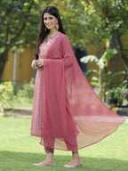 Juniper Onion Pink Muslin Festive Printed Straight Skd For Women | Grocsy