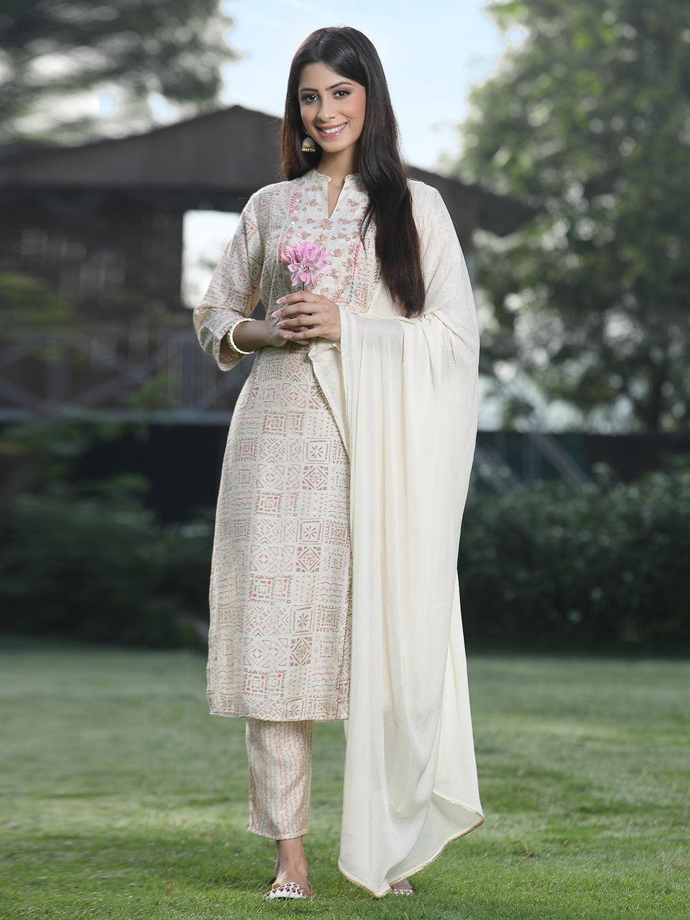 Juniper Off White Rayon Festive Printed Skd For Women | Grocsy