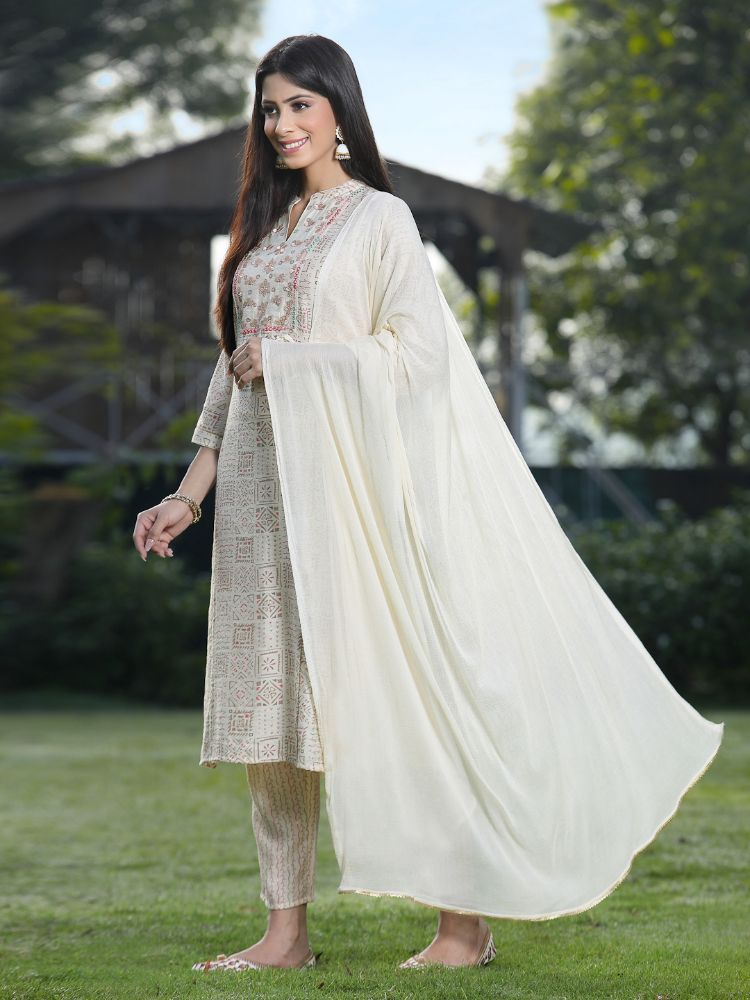 Juniper Off White Rayon Festive Printed Skd For Women | Grocsy
