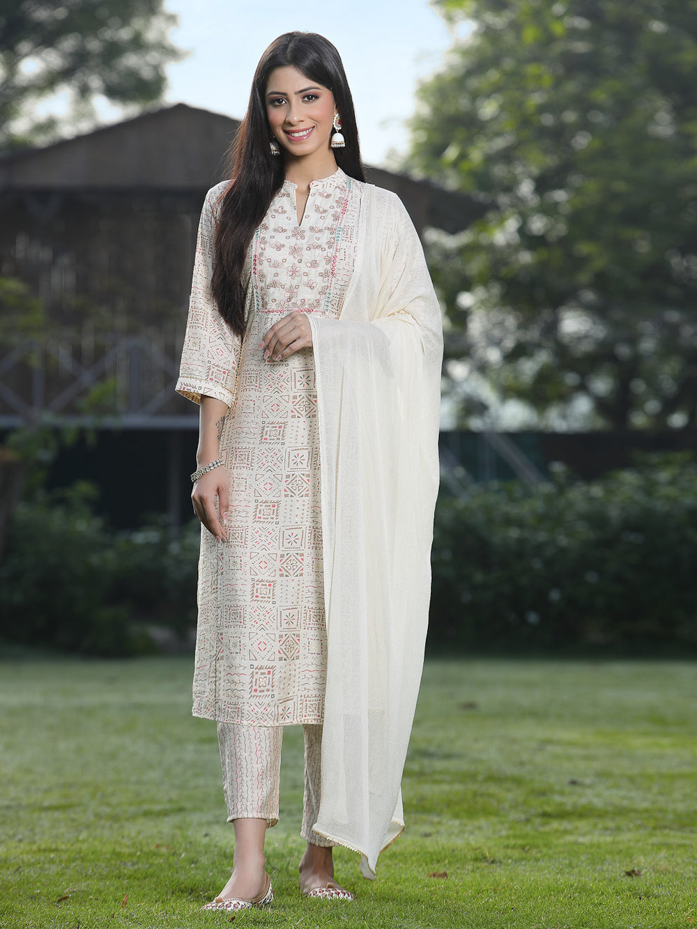 Juniper Off White Rayon Festive Printed Skd For Women | Grocsy