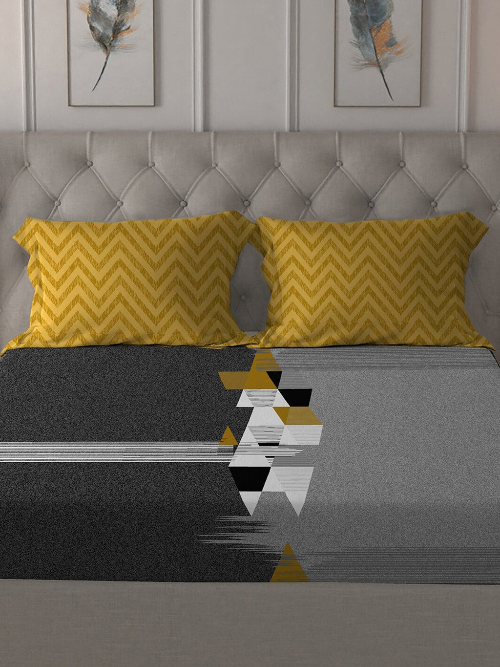 MYTRIDENT Grey Melange White Geometric Cotton 144 TC Queen Bedsheet With 2 Pillow Covers | Grocsy