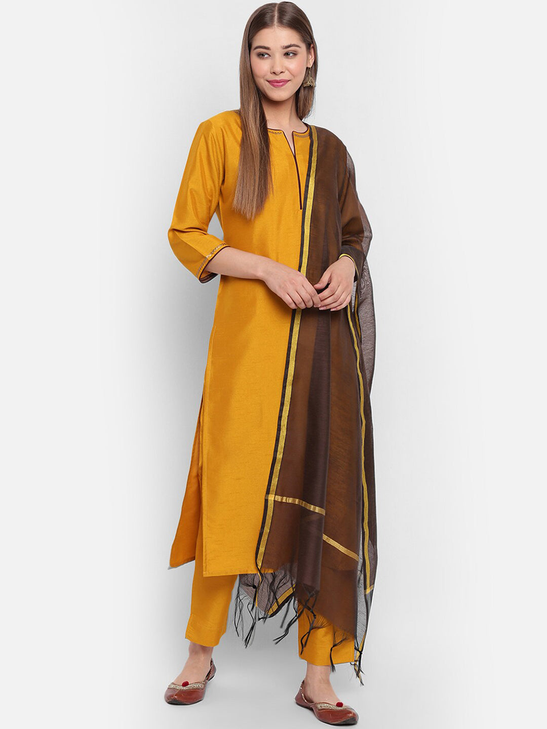 Janasya Women Mustard Yellow & Brown Solid Kurta with Trousers & Dupatta | Grocsy