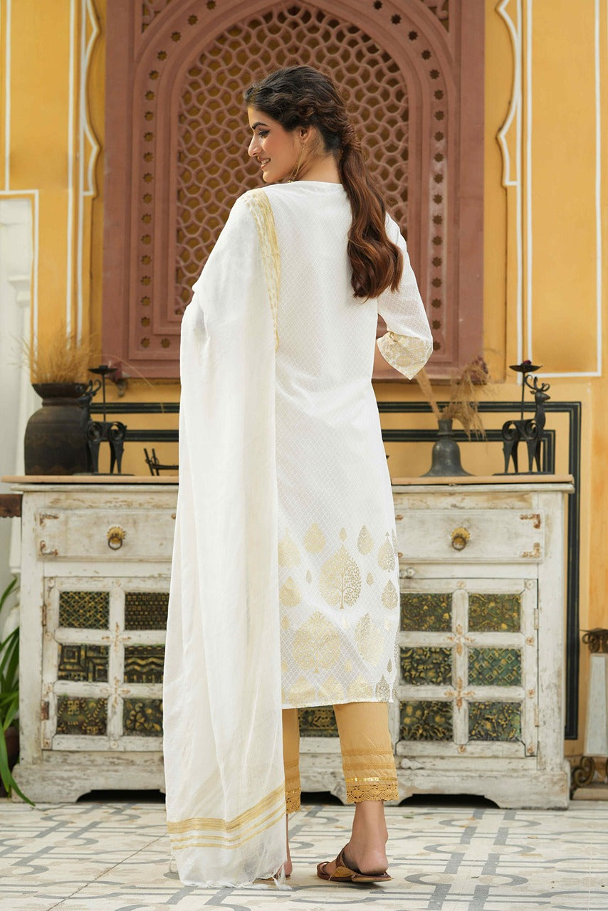 Juniper Off - White Georgette Festive Printed Straight Kurta Dupatta Set For Women | Grocsy