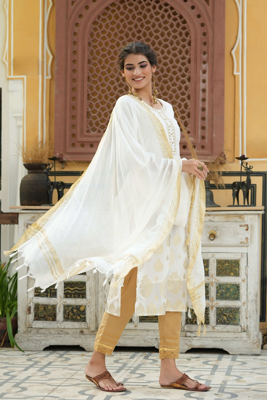 Juniper Off - White Georgette Festive Printed Straight Kurta Dupatta Set For Women | Grocsy